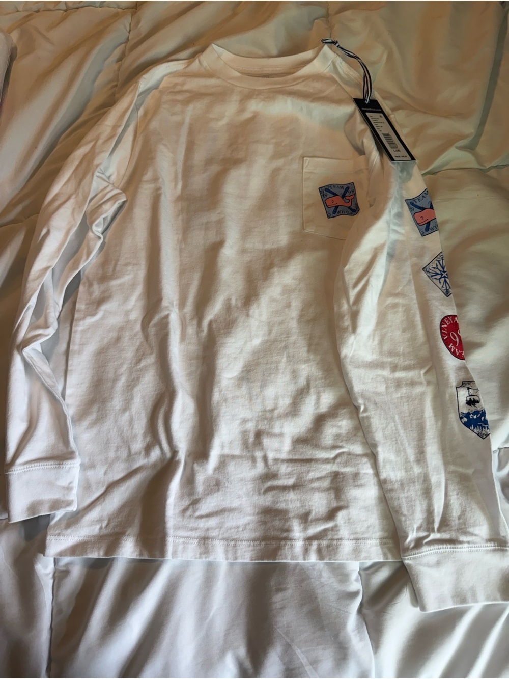 Vineyard Vines White Long-Sleeve Pocket Tee with Sleeve Patch Graphics